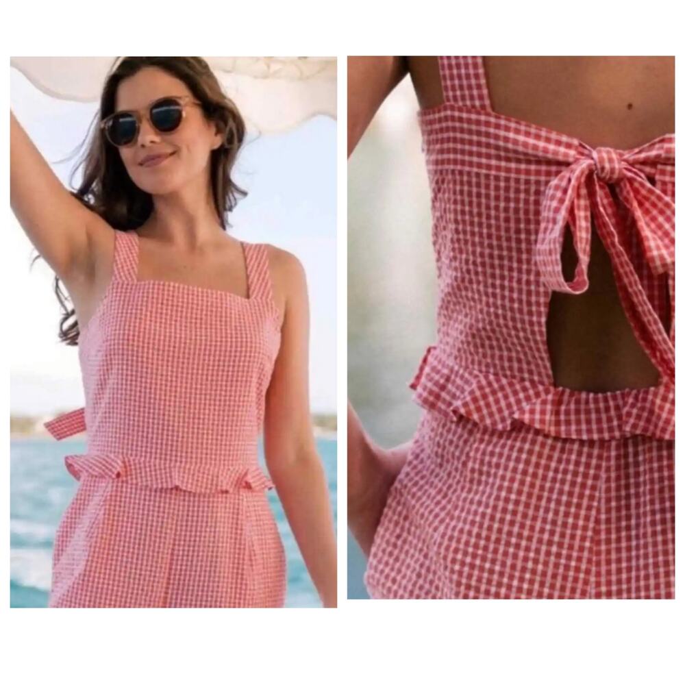 Gal meets Glam Gingham Ruffle Logan Jumpsuit Wide Leg Square neckline